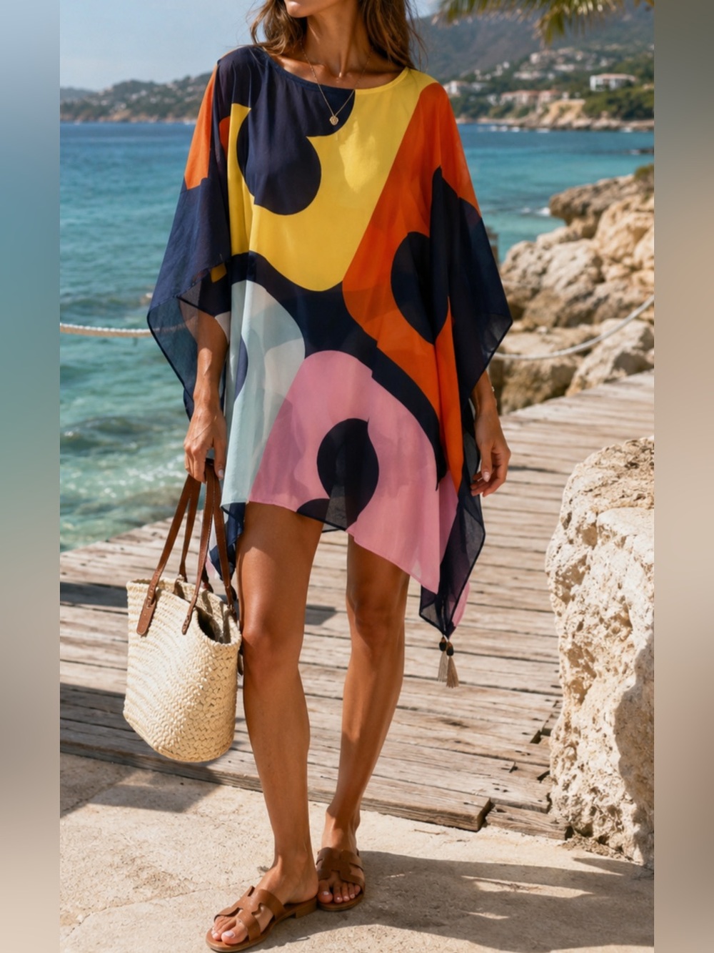 Tory Burch Printed Beach Caftan Color Block Logo Silk Cotton NWT XS/S